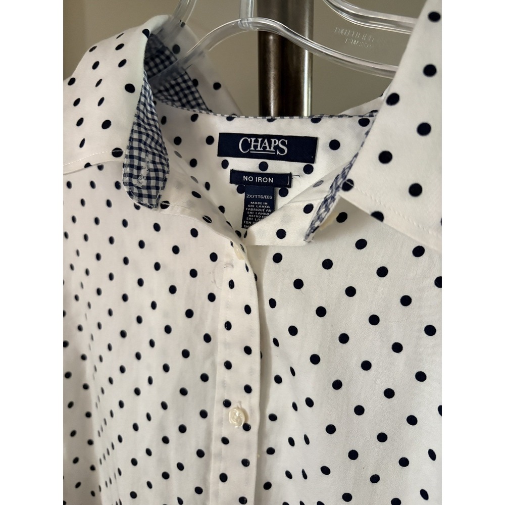 Chaps 2X No Iron Button Up Polka Dot Gingham Shirt Preppy flip cuff Cotton - Picture 5 of 15